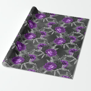 Papier Cadeau Jardin noir des Feuilles d'argent des Roses violet