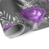 Papier Cadeau Jardin noir des Feuilles d'argent des Roses violet (Coin rond)