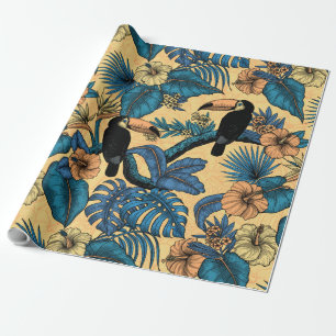 Papier Cadeau Jardin toucan en jaune et bleu