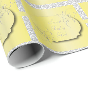 Papier Cadeau Jaune avec le motif gris de damassé