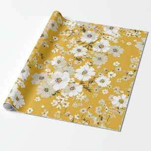 Papier Cadeau Jaune Blanc Fleur Ditsy Pastel Boho 70s Vintage 