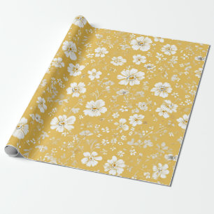 Papier Cadeau Jaune Blanc Fleur Ditsy Pastel Boho 70s Vintage 