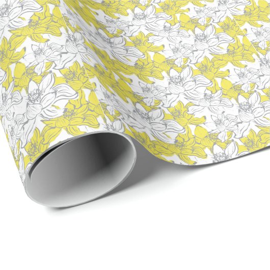 Papier Cadeau Jaune Blanc Gris Floral (Coin rond)