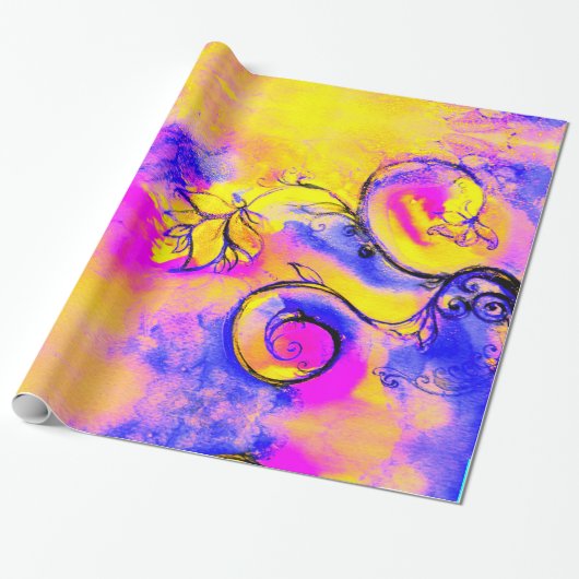 Papier Cadeau JAUNE BLEU ROSE FLEURS BLANCHES Imaginaire Floral (Déroulé)