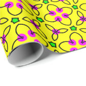 Papier Cadeau Jaune clair, rose, Vert Retro Floral (Coin rond)