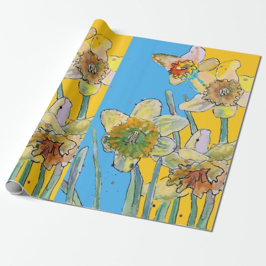 Papier Cadeau Jaune Daffodile Bleu Fleurs de printemps Aquarelle (Déroulé)