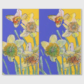 Papier Cadeau Jaune Daffodile Bleu Fleurs de printemps Aquarelle (Plat)