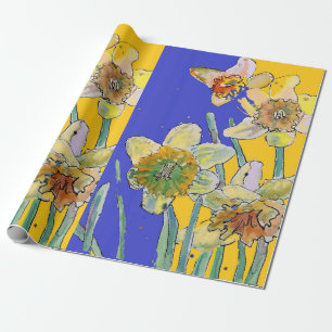 Papier Cadeau Jaune Daffodile Bleu Fleurs de printemps Aquarelle