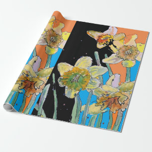 Papier Cadeau Jaune Daffodique Bleu Fleurs de printemps Art Aqua