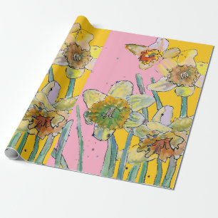 Papier Cadeau Jaune Daffodique rose Fleurs de printemps Aquarell
