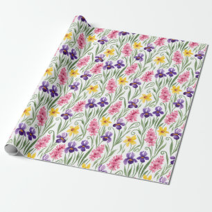Papier Cadeau Jaune Narcisse, Violet Iris, Rose Hyacinthe Floral