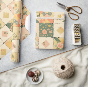 Papier Cadeau Jaune pastel pêche quilt Gingham pois 