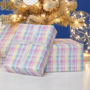 Papier Cadeau Jaune pastel, rose et bleu gingham lin