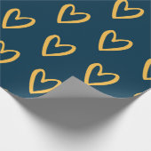 Papier Cadeau Jaune sur bleu prussien Coeurs dessinés à la main (Coin)