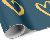 Papier Cadeau Jaune sur bleu prussien Coeurs dessinés à la main (Coin rond)