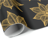 Papier Cadeau Jaune sur Fleurs Sketchy Noires (Coin rond)