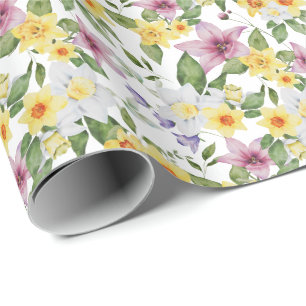 Papier Cadeau Jaune Violet Blanc Floral Feuillage 