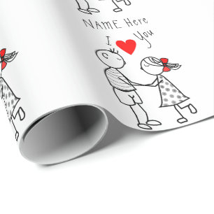 Papier Cadeau Je t'aime - Couple mignon - Texte personnalisé /