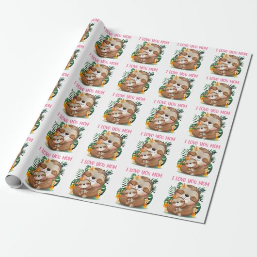 Papier Cadeau Je t'aime Maman mignonne Maman et Baby Sloth (Déroulé)