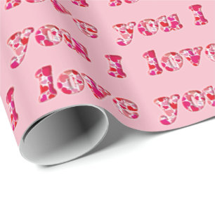 Papier Cadeau Je T'Aime Mignonne Romantique Coeurs Rose Typograp