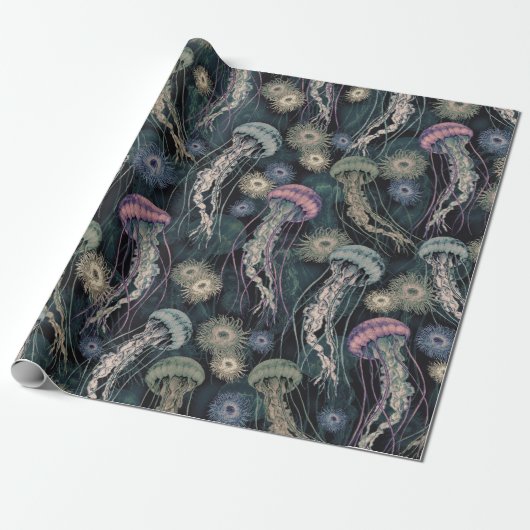 Papier Cadeau Jellyfish et anémones éthériques en Turquoise et r (Déroulé)