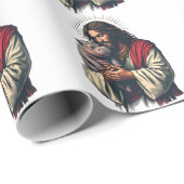 Papier Cadeau Jésus tenant un bébé Moo Deng Hippo (Coin rond)