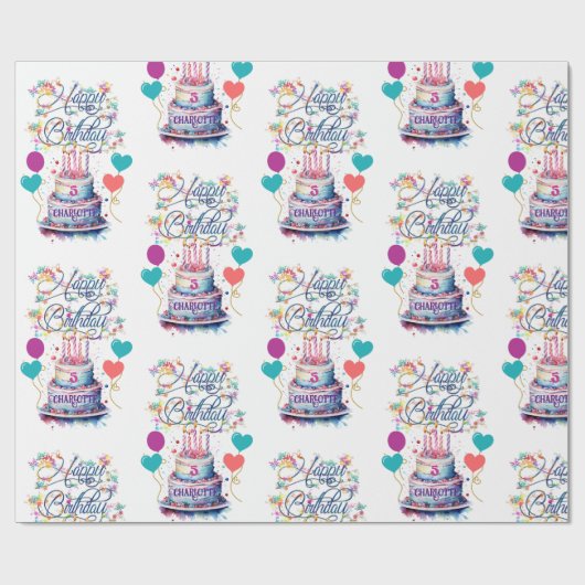 Papier Cadeau Jeunes filles Anniversaire Ajouter un nom Age Joli (Plat)