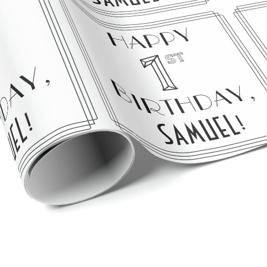 Papier Cadeau JEUX 1ER ANNIVERSAIRE ; Style Art Déco ; Nom perso (Coin rond)