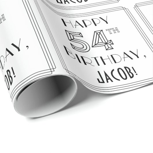 Papier Cadeau JEUX 54E ANNIVERSAIRE ; Style Art Déco ; Nom perso (Coin rond)