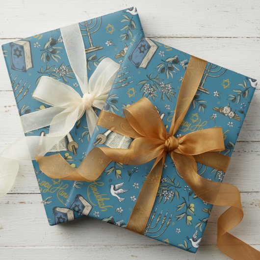 Papier Cadeau Jewish Happy Hanukkah Menorah & Olive Branches