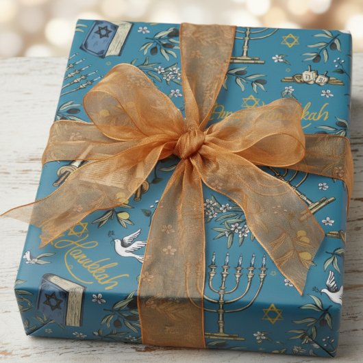 Papier Cadeau Jewish Happy Hanukkah Menorah & Olive Branches