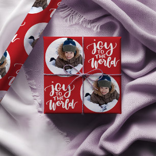 Papier Cadeau Joie au Monde Calligraphie Photo Ronde Rouge
