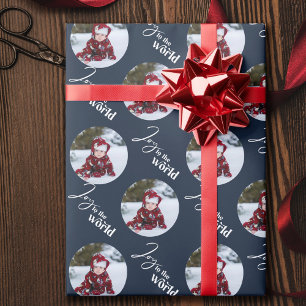 Papier Cadeau Joie au Monde Script Photos Rondes Bleu