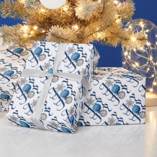 Papier Cadeau Joie de Noël en argent bleu