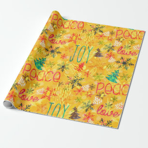 Papier Cadeau Joie Paix Love Typographie Jaune motif de Noël
