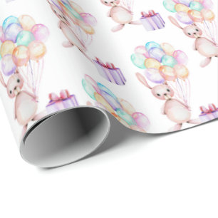 Papier Cadeau joli ballon d'anniversaire bunny carrelé