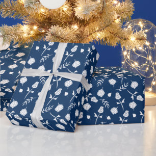 Papier Cadeau Joli bleu et blanc Roses Rosebud Floral Print