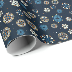 Papier Cadeau Joli Blue Orange White Snowflakes scandinave