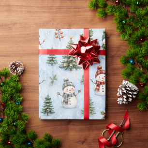 Papier Cadeau Joli Bonhomme de Neige à l'Aquarelle Noël