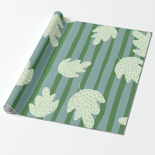 Papier Cadeau Joli botanique et rayures motif bleu vert (Déroulé)