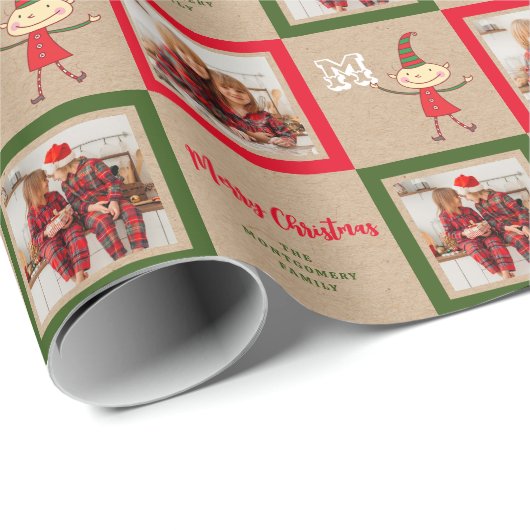 Papier Cadeau Joli Cartoon Elf Monogramme Joyeux Noël Photo (Coin rond)