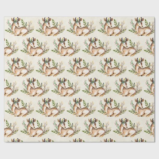 Papier Cadeau Joli Cerf Aquarellé Pose En Bas Boho Noël (Plat)