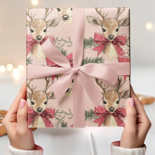 Papier Cadeau Joli Cerf avec Bow rouge Neutre Noël