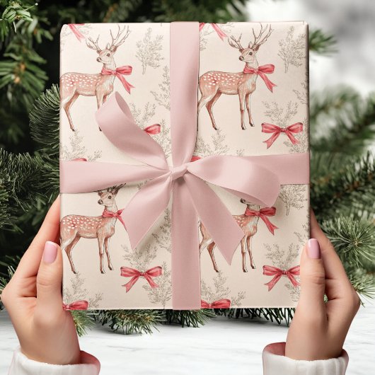 Papier Cadeau Joli Cerf avec Bow rouge Neutre Noël
