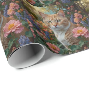 Papier Cadeau Joli chat blanc orange dans un jardin fleuri