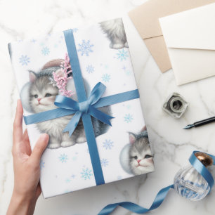 Papier Cadeau Joli Chat d'Hiver avec Cache-Oreilles