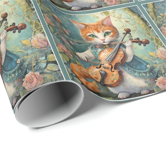 Papier Cadeau Joli Chat Jouant du Violon (Coin rond)