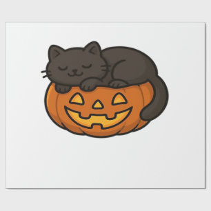 Papier Cadeau Joli chat noir endormi sur un Halloween de citroui
