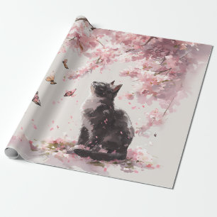 Papier Cadeau Joli chat noir et papillon sous les sakura roses