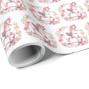 Papier Cadeau Joli cheval à bascule rose pour bébé fille